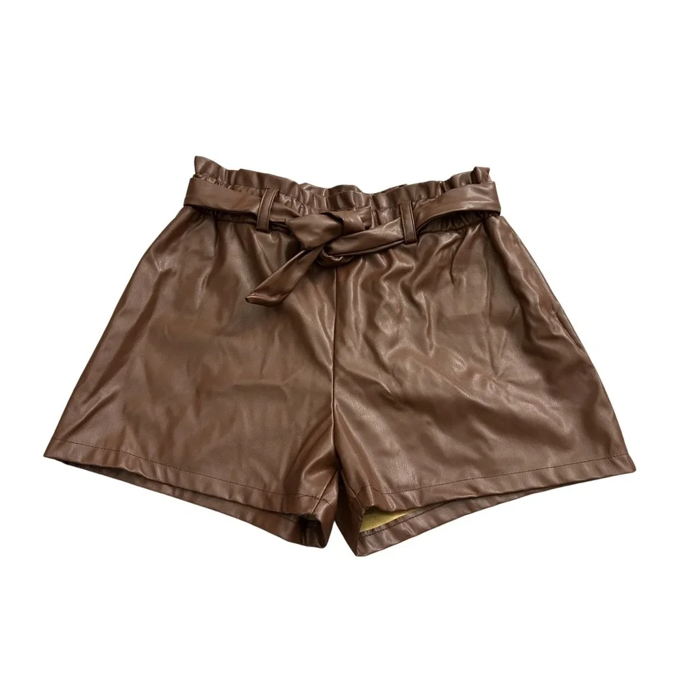VTG‎ Jolie & Joy Faux Leather Shorts Womens Large Brown Excellent Paperbag Waist